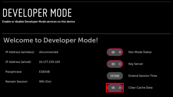 The Clear Cache Data button on the Developer Mode app