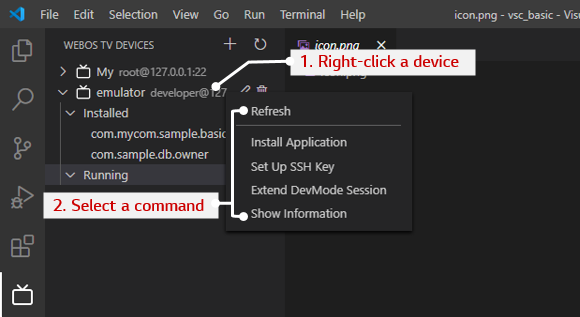 The device context menu of the Visual Studio Code