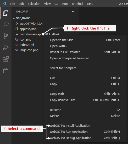 The Explorer context menu by clicking the IPK file of the Visual Studio Code